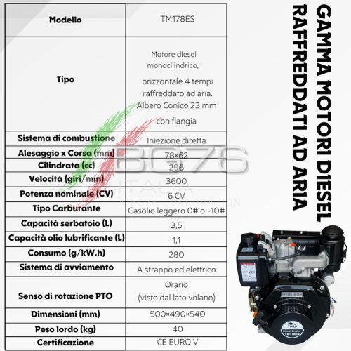 MOTORE TORO MOTORI DIESEL 7 HP CON AVVIAMENTO ELETTRICO TORO MOTORI TIPO YANMAR TM178ES CONICO 23mm - Image 5