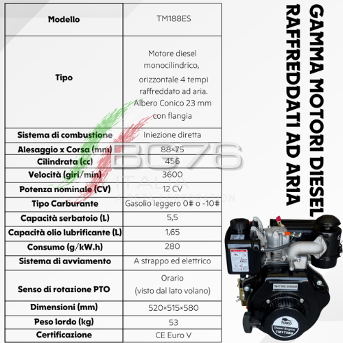 MOTORE TORO MOTORI DIESEL 12 HP CON AVVIAMENTO ELETTRICO TORO MOTORI TIPO YANMAR TM188ES CONICO 23mm - Image 5